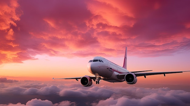 Um avião voa sobre as nuvens ao pôr do sol rosa