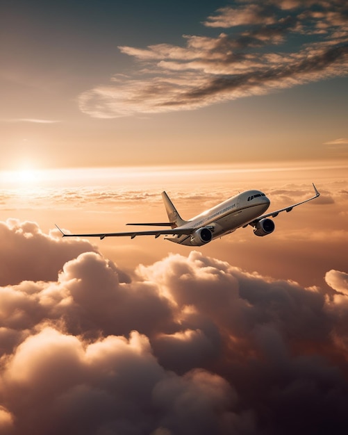 Foto um avião voando acima das nuvens com a palavra 