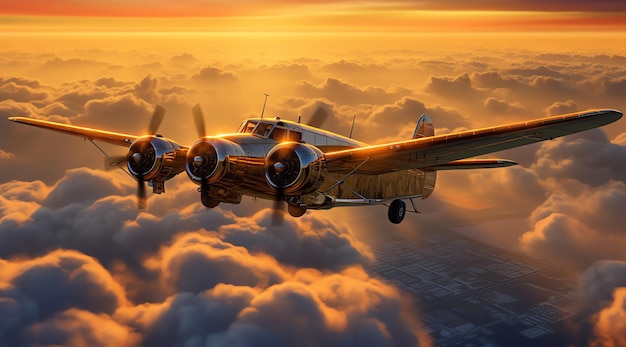 Um avião voando acima das nuvens com o sol brilhando no lado esquerdo.