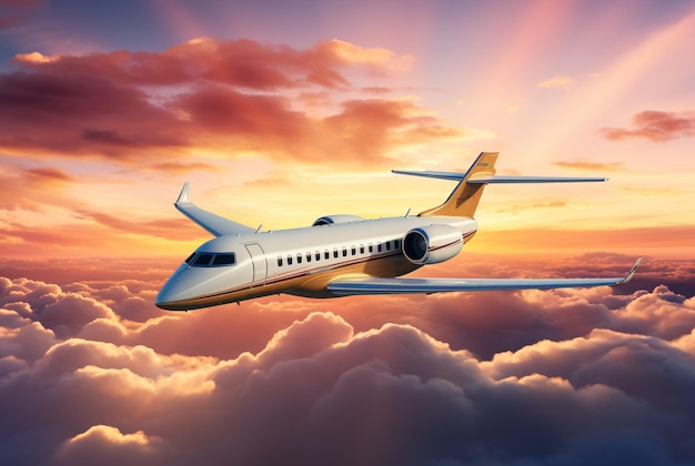 Foto um avião voando acima de um céu ao pôr do sol no estilo de amarelo claro e violeta claro
