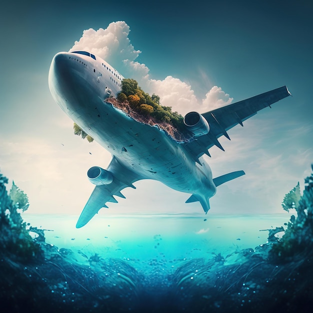 Um avião voando acima de uma viagem surrealista da ilha