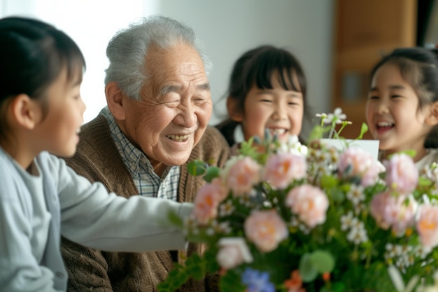 Um avô japonês feliz recebe presentes de aniversário de sua família amorosa Crianças junto com a avó dão ao avô um cartão e um buquê de belas flores