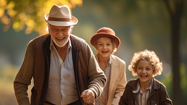 Um avô velho caminhando com netos em um parque com um sorriso caloroso