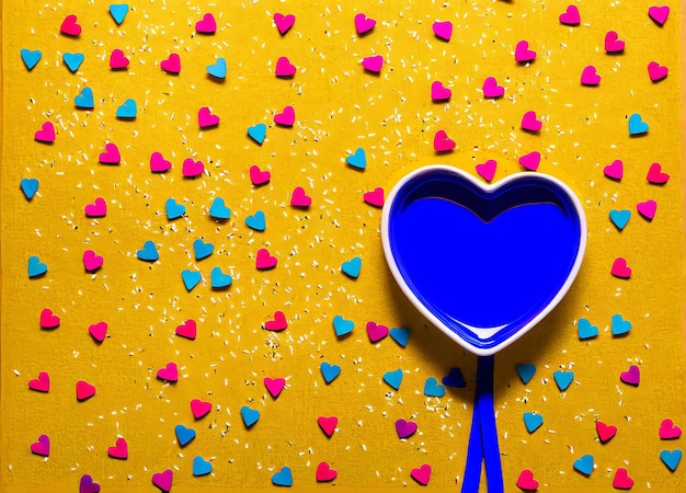Foto um azul em forma de coração no meio de um fundo amarelo com pequenos corações.