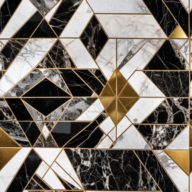 Um azulejo de mármore preto e dourado com mármore preto e branco.