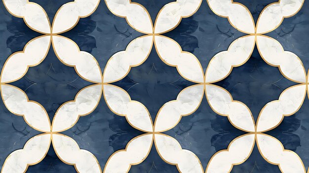 Foto um azulejos azul e branco com um desenho de folha de ouro