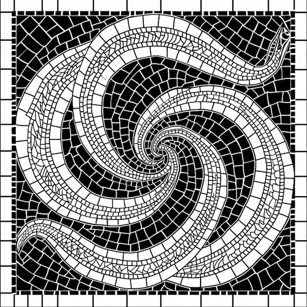 Foto um azulejos de mosaico preto e branco com uma cobra no centro