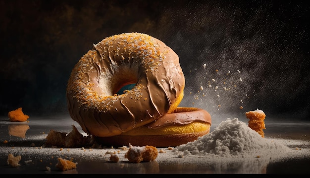 Foto um bagel com açúcar de confeiteiro e farinha