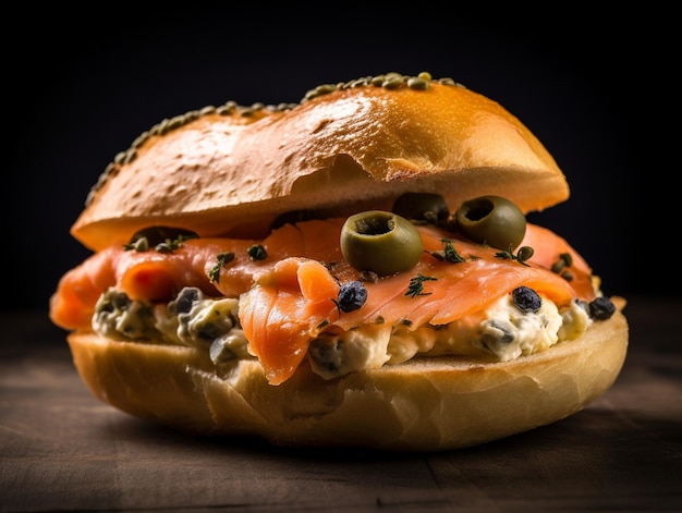 Um bagel com salmão e azeitonas