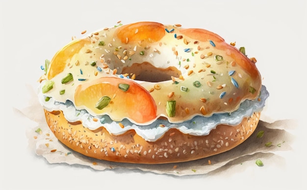 Um bagel ou rosquinha desenhado em ilustrações de pastelaria em aquarela de fundo branco geradas