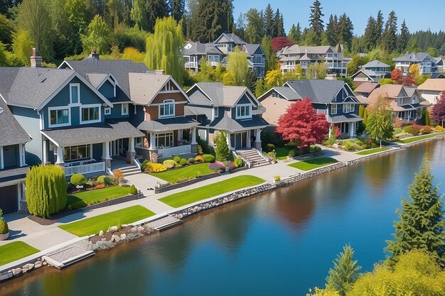 Foto um bairro perfeito casas no subúrbio de summer, na américa do norte