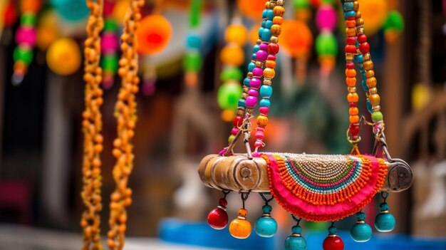 Um balanço colorido e primorosamente decorado simbolizando a alegria e emoção das festividades de Teej