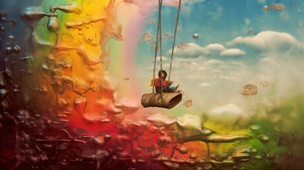 Um balanço com um arco-íris ao fundo