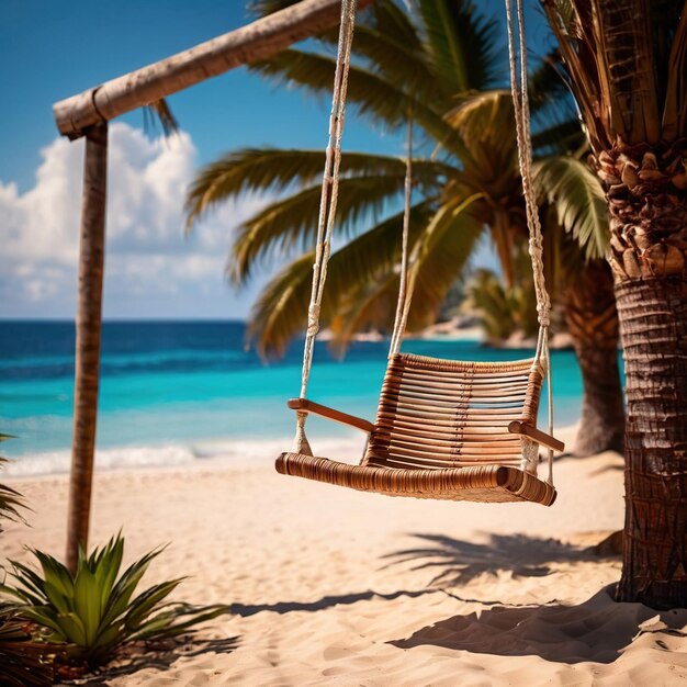 Um balanço de árvore relaxante em uma praia tropical com o oceano ao fundo