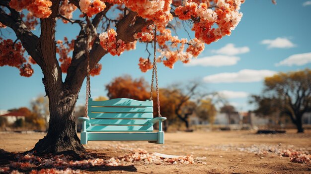 Foto um balanço turquesa sereno pendurado em uma árvore cercada por vibrantes flores de laranja