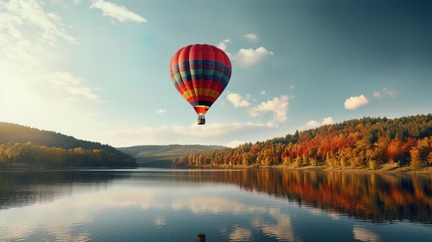 Um balão a voar acima do lago