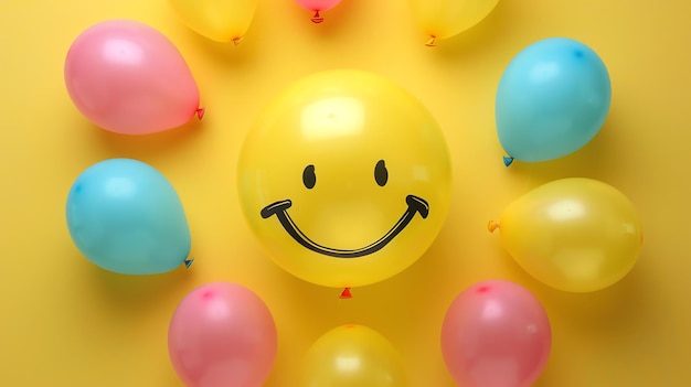 Foto um balão amarelo com um rosto sorridente é cercado por uma variedade de balões coloridos em um fundo amarelo