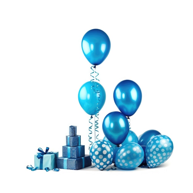 Um balão azul com uma fita azul e uma caixa de presente azul com uma cinta que diz "Natal azul".