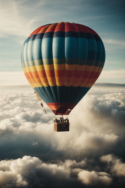 Um balão de ar quente a voar pelas nuvens