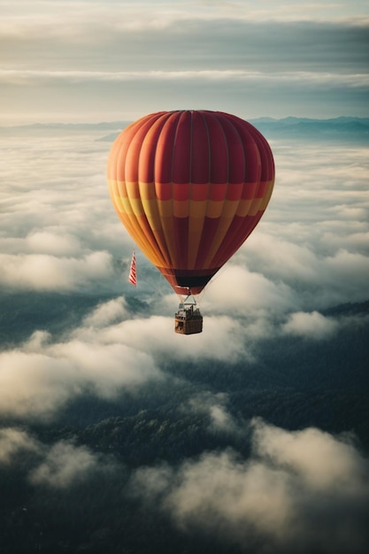 Um balão de ar quente a voar pelas nuvens