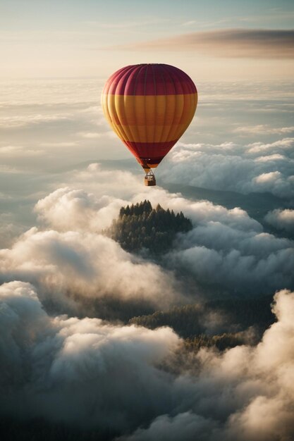 Um balão de ar quente a voar pelas nuvens