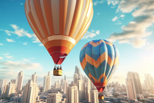 Um balão de ar quente colorido está sobrevoando uma cidade.