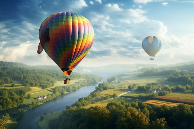 Um balão de ar quente colorido voando alto acima de um pa 00098 00