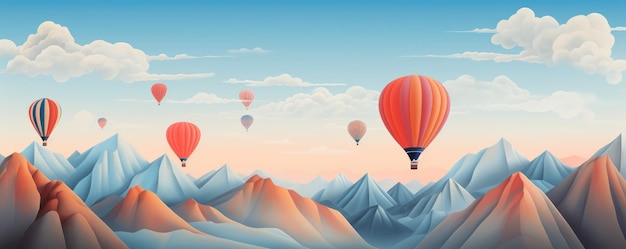 Um balão de ar quente está voando sobre montanhas nebulosas no alto do panorama aéreo Generative Ai