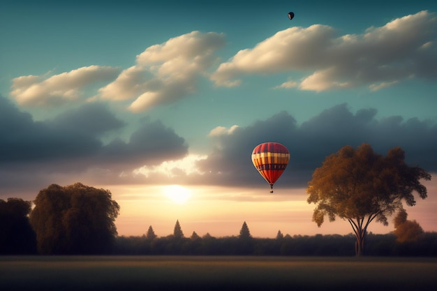 Um balão de ar quente está voando sobre um campo com árvores e nuvens ao fundo.