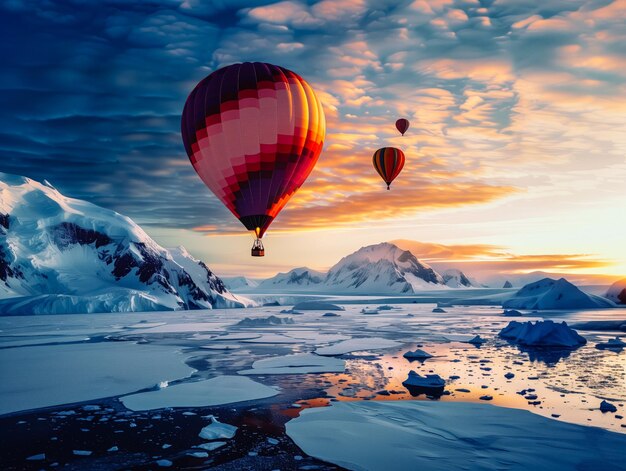 Um balão de ar quente está voando sobre uma paisagem coberta de neve