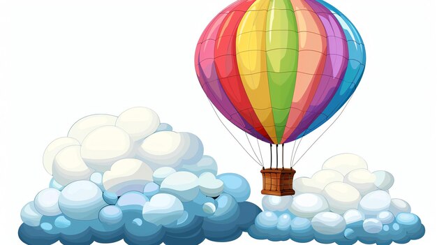 Foto um balão de ar quente flutua pelo céu acima de algumas nuvens o balão é de cores brilhantes e tem uma cesta presa a ele