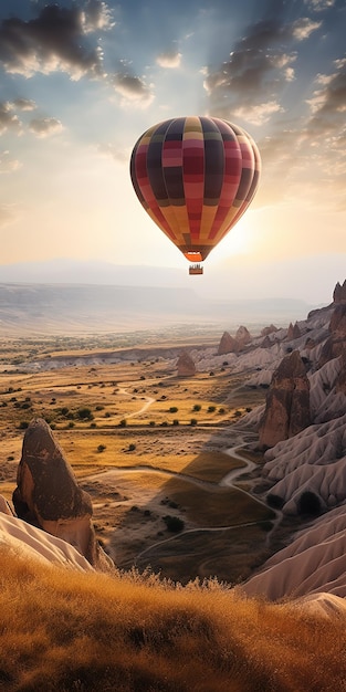 Um balão de ar quente sobre uma paisagem com montanhas e um pôr do sol ao fundo.