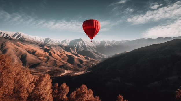 Um balão de ar quente vermelho voa sobre uma paisagem montanhosa.