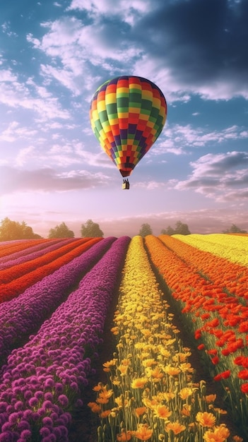 Um balão de ar quente voa sobre um campo de tulipas.