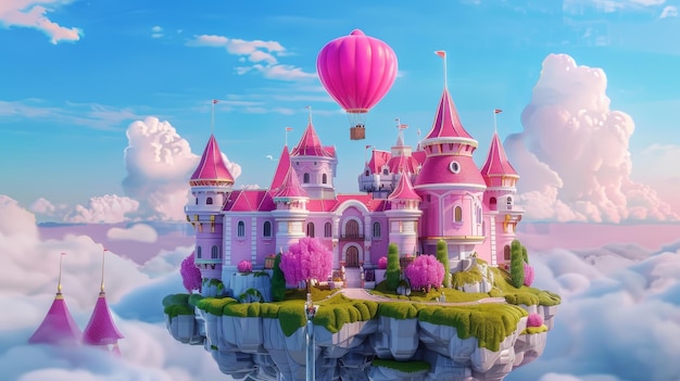 Um balão de ar quente voando para um castelo mágico fundo de desenho animado um palácio de rainha de fantasia em uma ilha de rocha flutuante e um caminho que leva a uma mansão rosa fundo de jogo