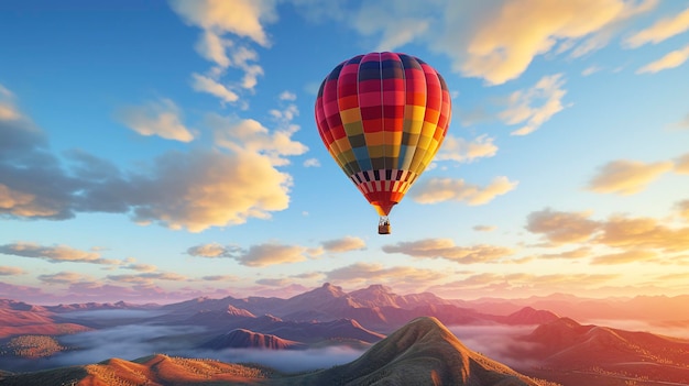 um balão de ar quente voando sobre uma montanha com um fundo no céu