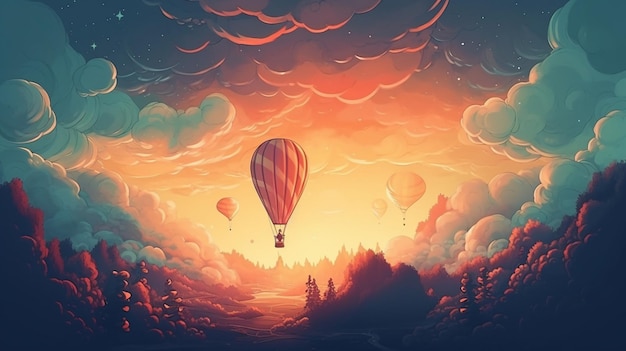 Um balão de ar quente voando sobre uma paisagem com nuvens e árvores.
