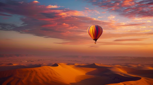 Um balão de ar quente voando sobre uma vasta paisagem desértica capturando as cores em constante mudança do