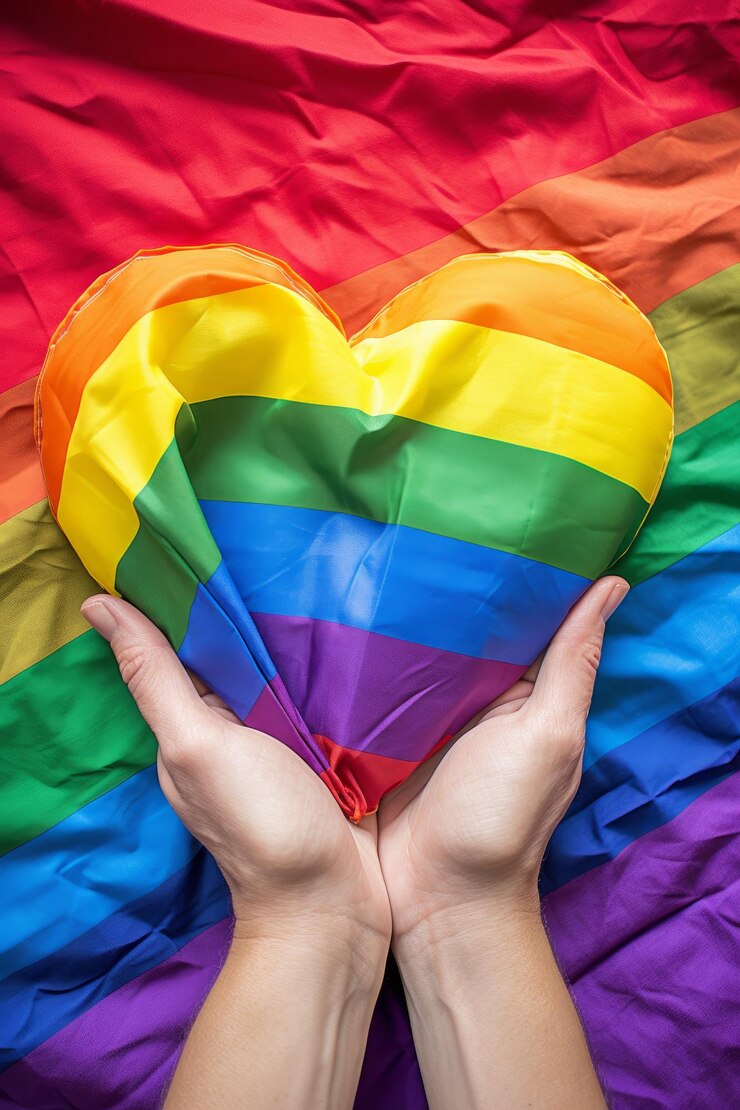 Um balão em forma de coração com as cores da bandeira do arco-íris é mantido nas mãos de uma pessoa