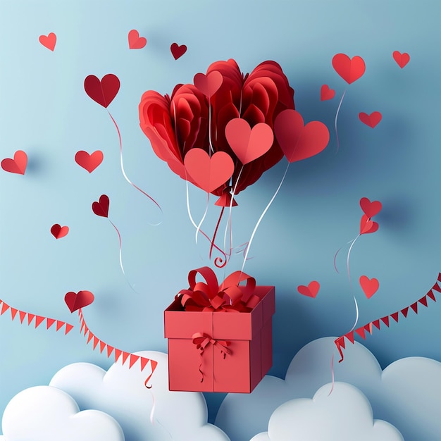Um balão em forma de coração com uma caixa de presente nas nuvens vetor azul pestal fundo