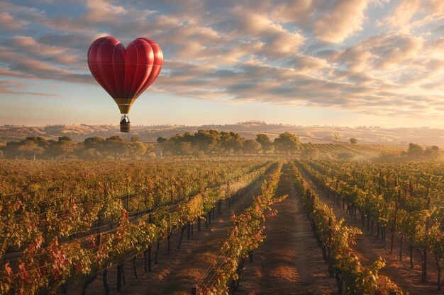 Foto um balão em forma de coração voando sobre uma vinha com um céu ao fundo
