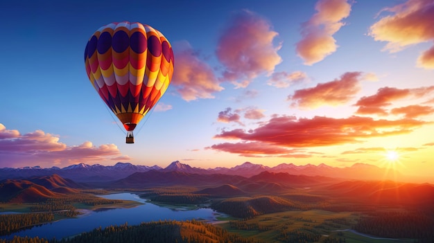 Um balão voando no céu do amanhecer