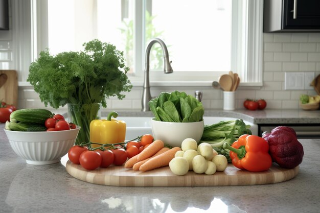 Um balcão de cozinha com legumes