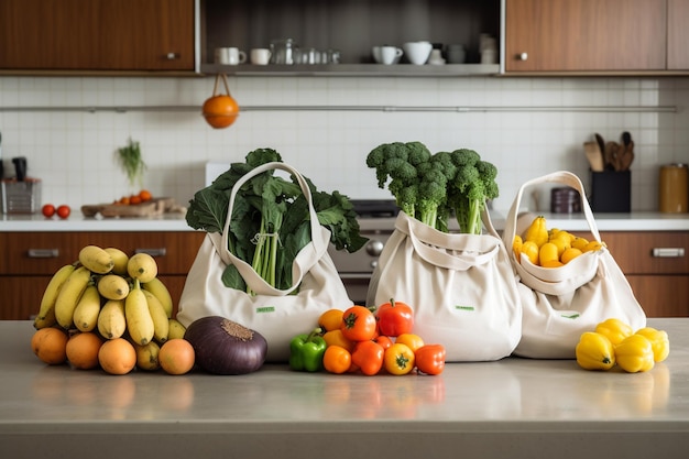 Um balcão de cozinha com um saco de legumes