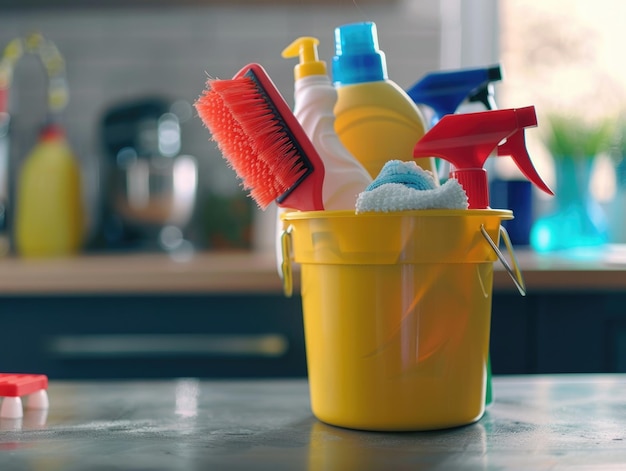 Um balde amarelo cheio de suprimentos de limpeza, incluindo uma escova vermelha, uma garrafa azul de limpador e uma garrafa verde de limpador