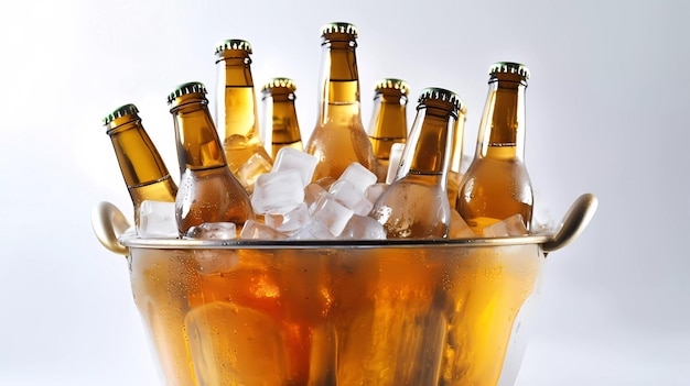 Um balde com garrafas de cerveja está cheio de gelo e um deles está cheio de cerveja.