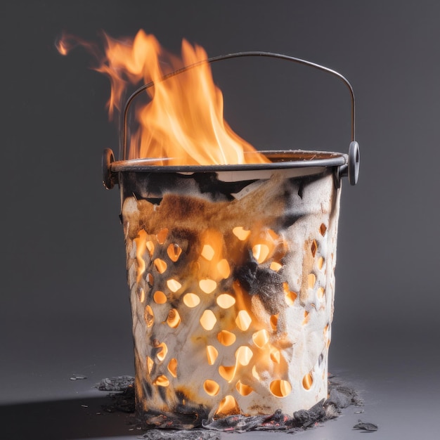 Um balde com uma chama que está pegando fogo