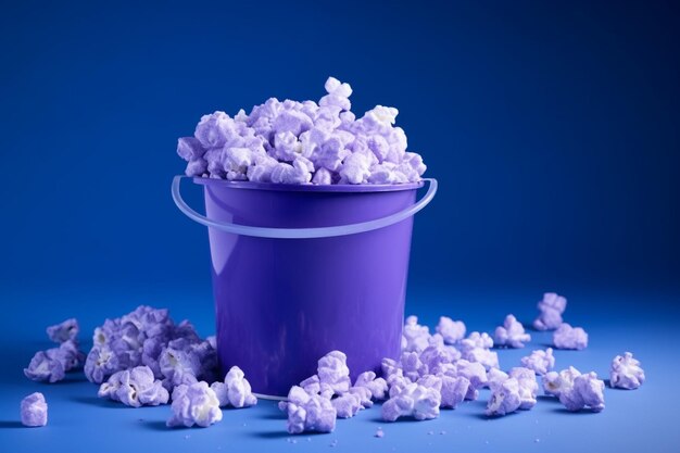 Um balde de doces de pipoca roxo crocante em fundo azul foto de alta qualidade