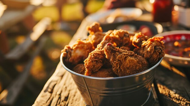 Foto um balde de frango frito crocante contra uma cena de churrasco no quintal