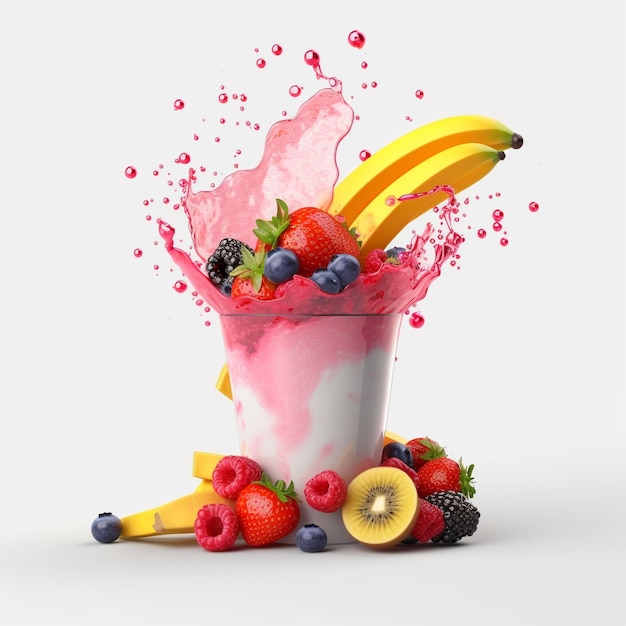um balde de frutas e uma banana com um pouco de líquido rosa.